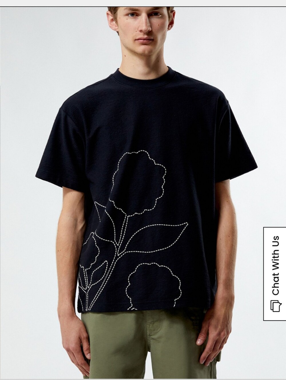 PacSun Mens Black Textured Cotton Sashiko Floral Embroidered T-Shirt Medium